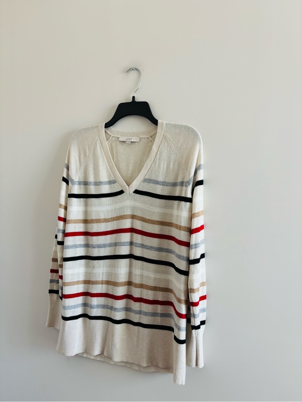 LOFT Sweater Beige Stripe Long Sleeve V-Neck Knit Womens S Preppy Academia Twee - Picture 4 of 9